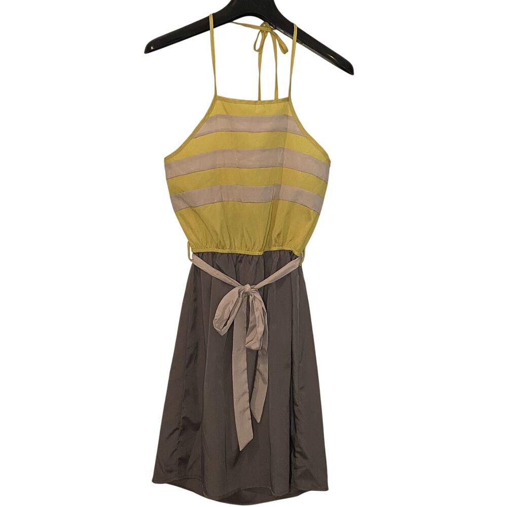 YA LOS ANGELES Gray Mustard Tan short Dress Spaghetti Straps MEDIUM